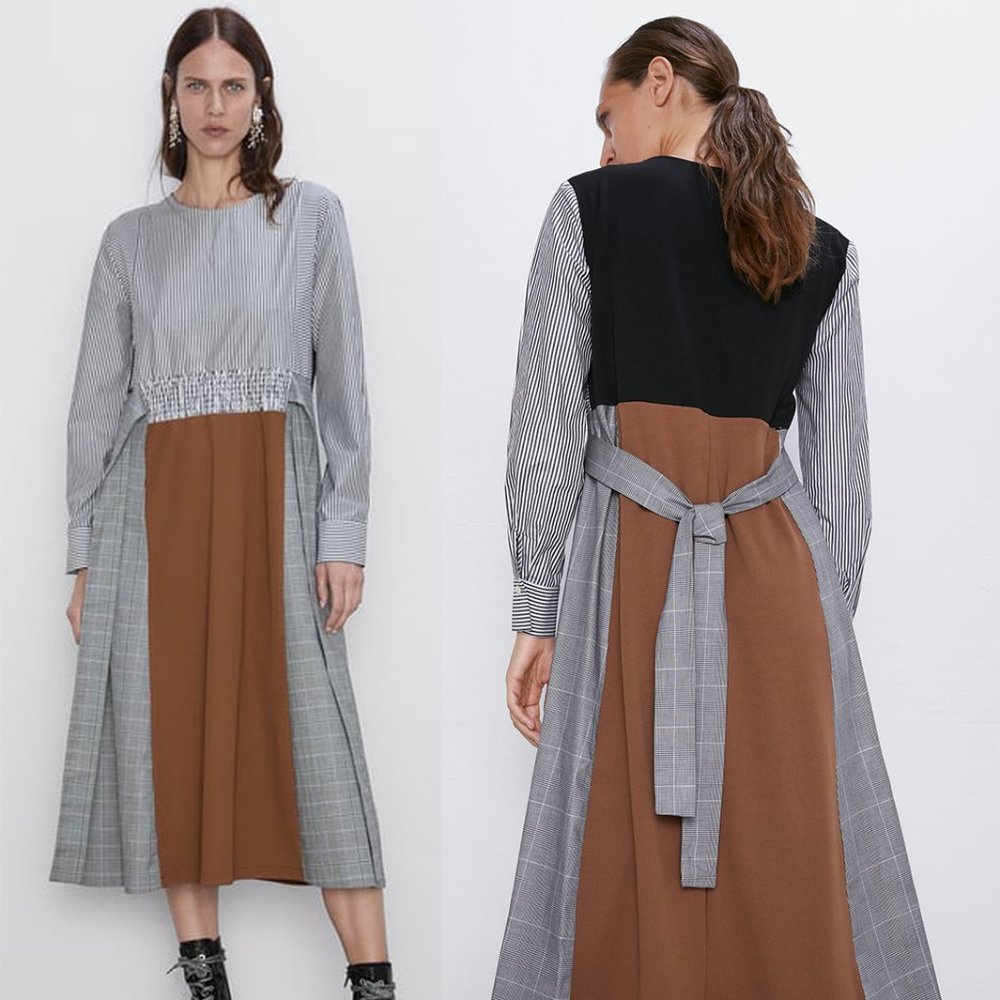 Zara Mixed-Panel Midi Dress in Brown, Black, Gray
